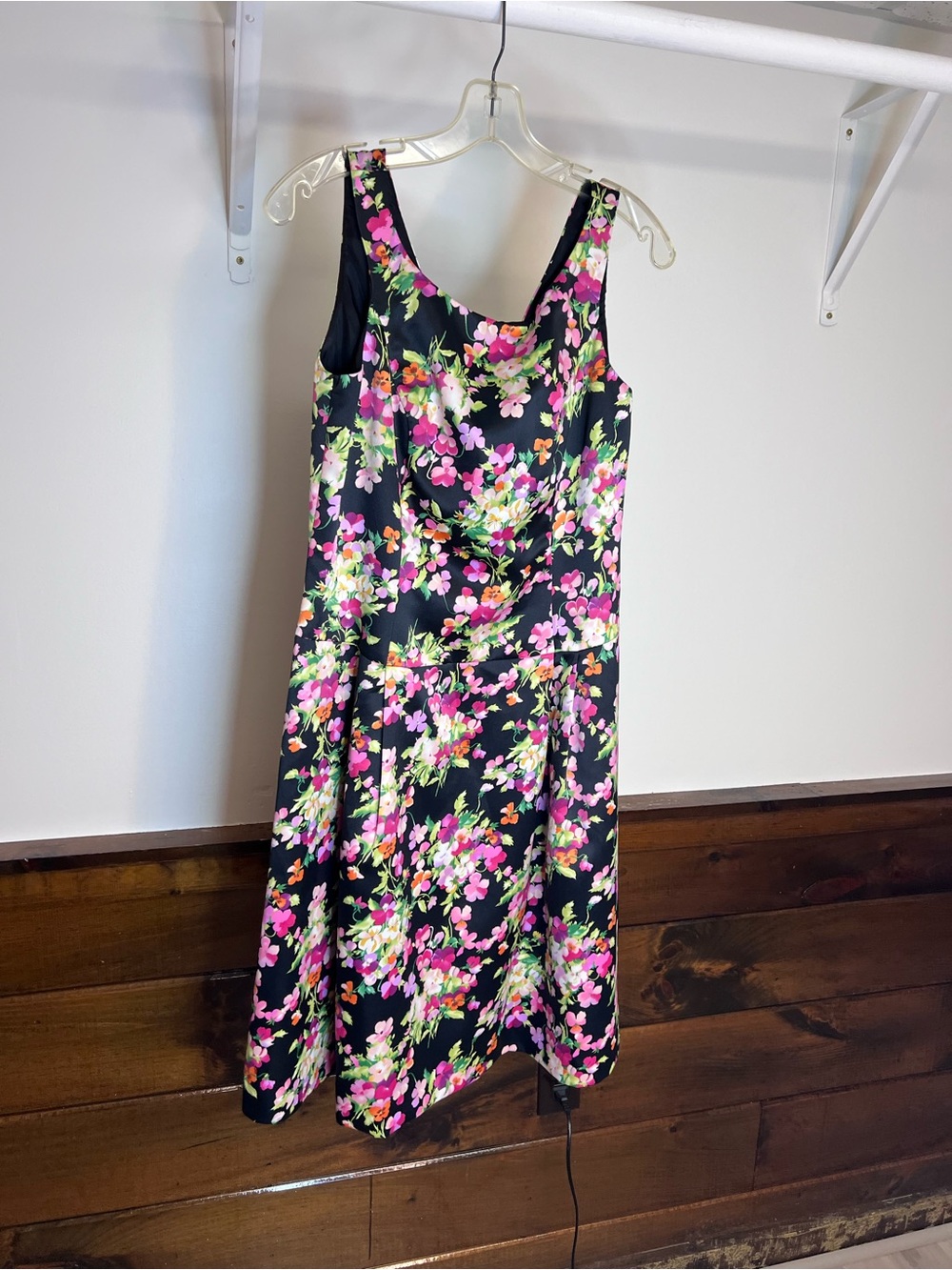 Talbots Sleeveless Black Floral Satin A-Line Dress with Pink & Green Print- 10P